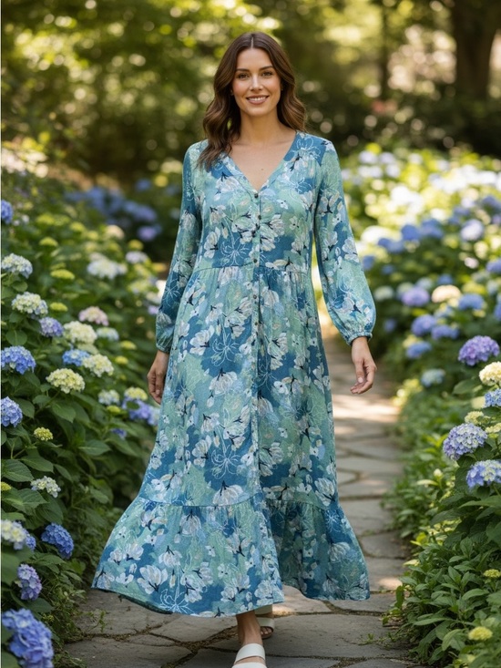 Style & Co. Dresses & Skirts - Style & Co.  Printed V-Neck Maxi Dress in Blue-Green Floral